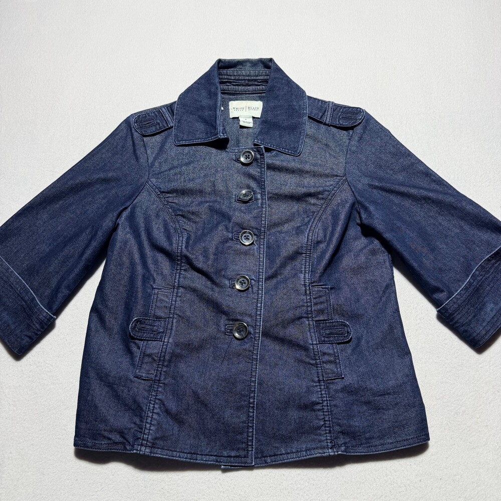 White House Black Market Denim Jacket 3/4 Sleeve Dark Blue Size 8